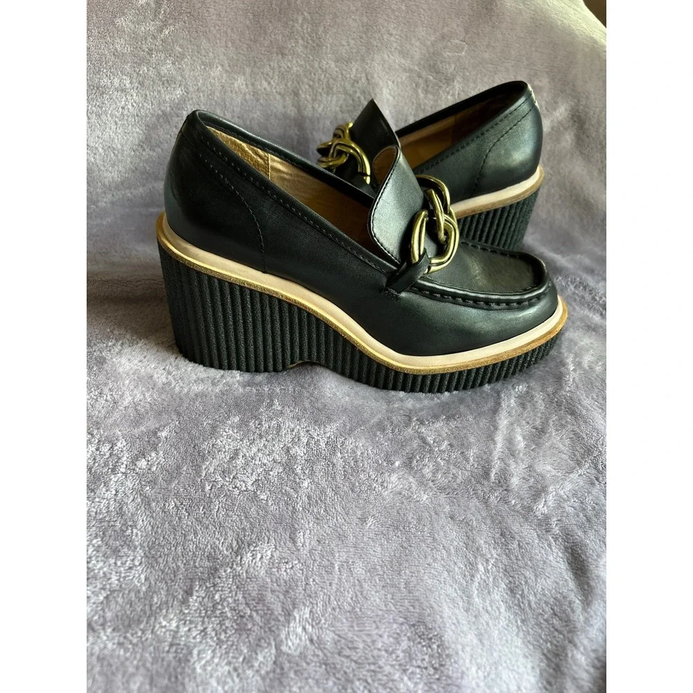 Dolce Vita Women Black Leather Chain Link Platform Wedge Loafers Size 6.5 - Picture 3 of 8